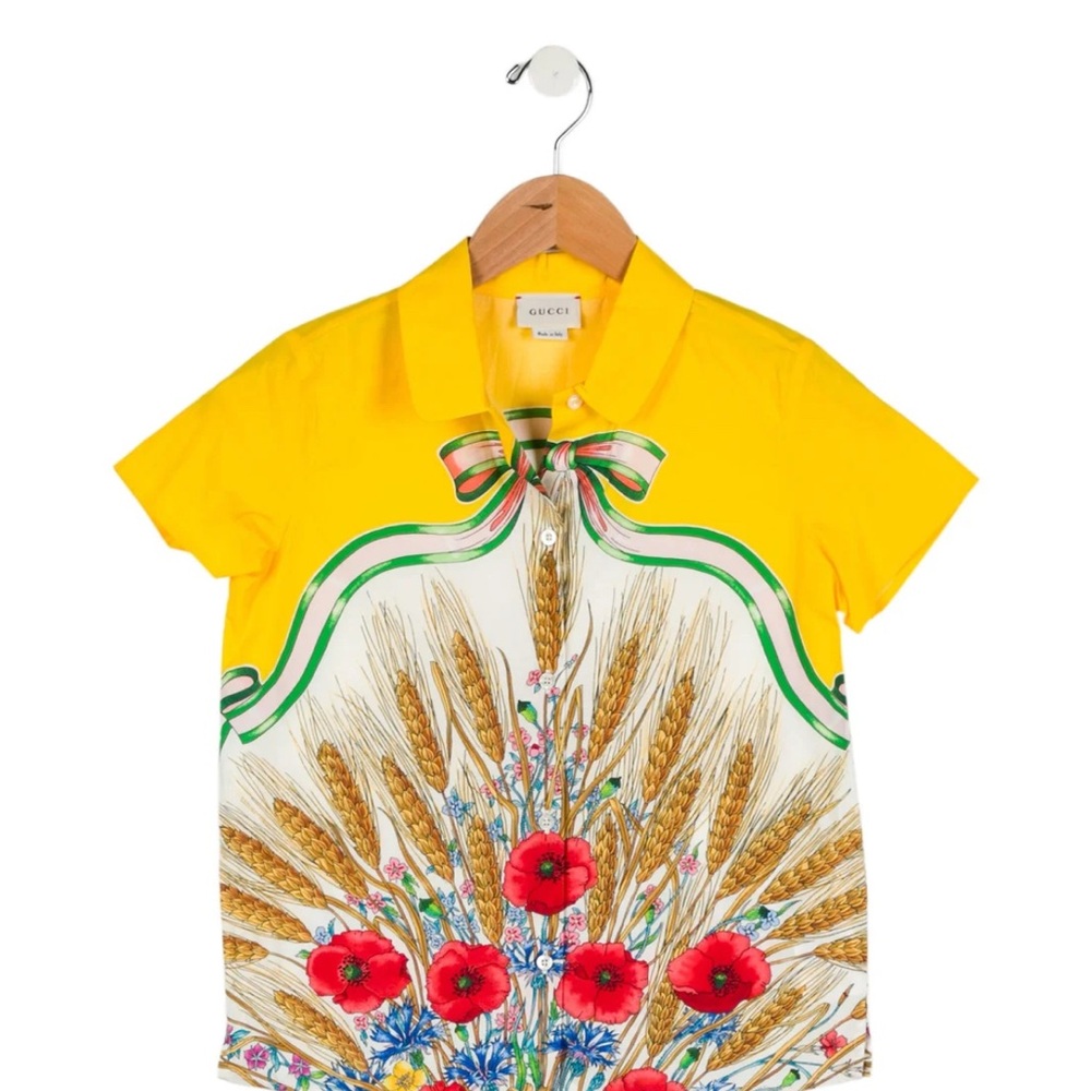 Gucci Yellow Floral & Wheat-Print Kids Polo with Bow Detail🔥Pristine & RARE